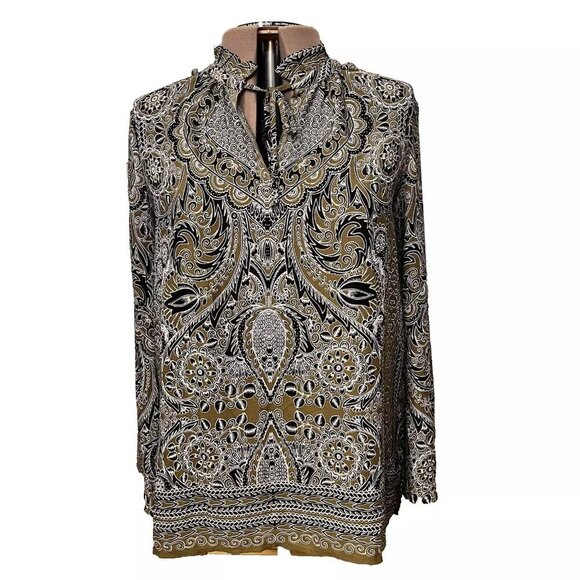 Fever. Sz Large. Border print tan black. Pleated Neck w Tie. Long Sleeve. B28 - Picture 1 of 8